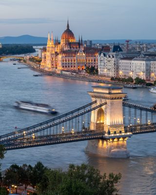Chain Bridge and Parliament from Buda Castle at dusk